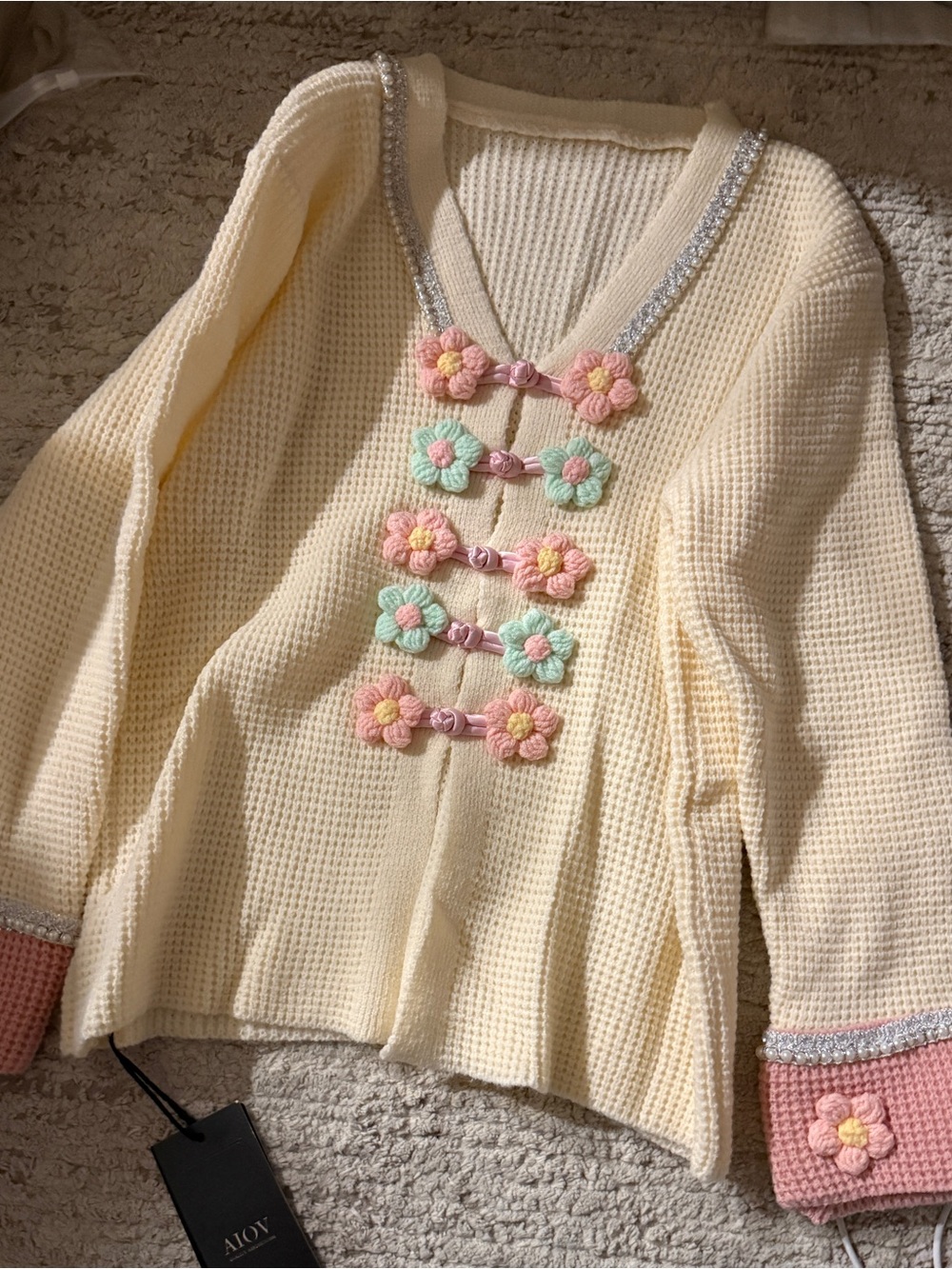 Cream V-Neck Sweater with Pink and Mint Crochet Flowers